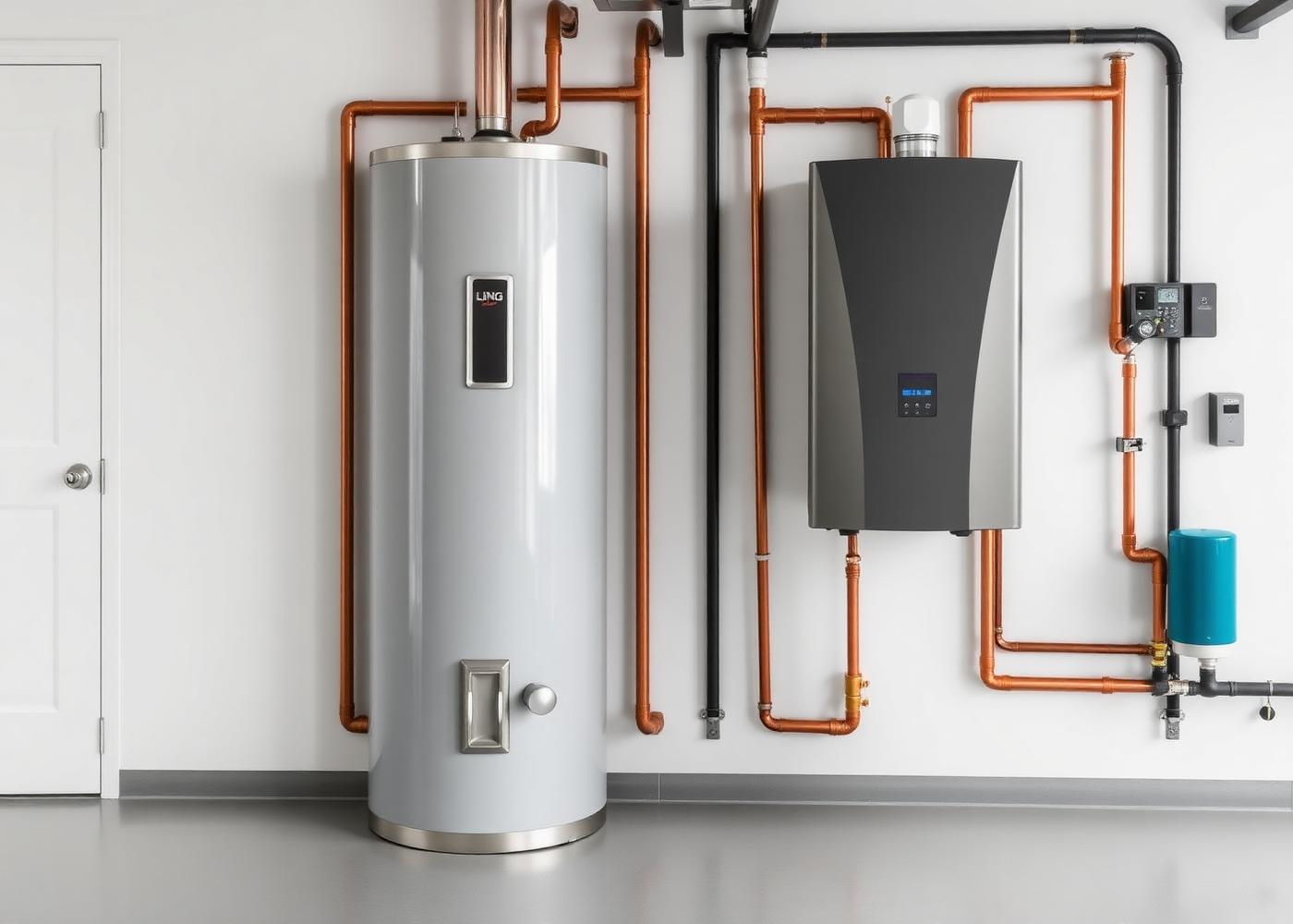 A traditional tank water heater next to a modern wall-mounted tankless unit
