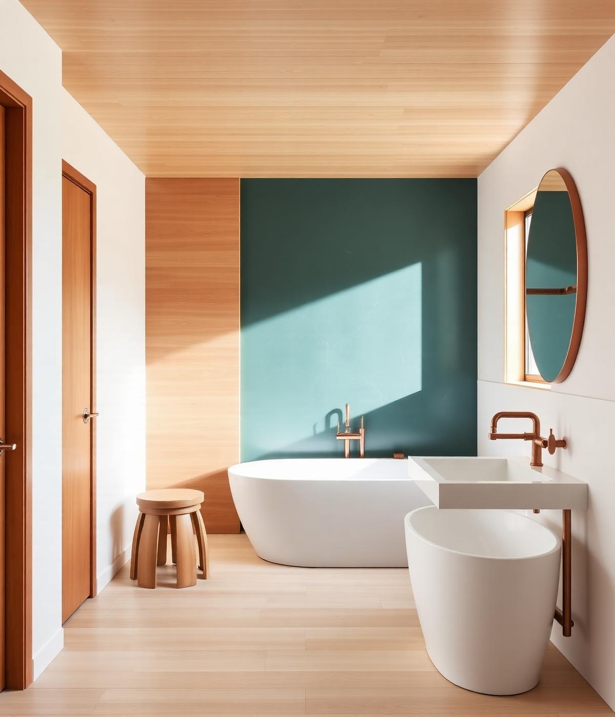 Clean modern bathroom with copper fixtures finished by Riverstone Plumbing